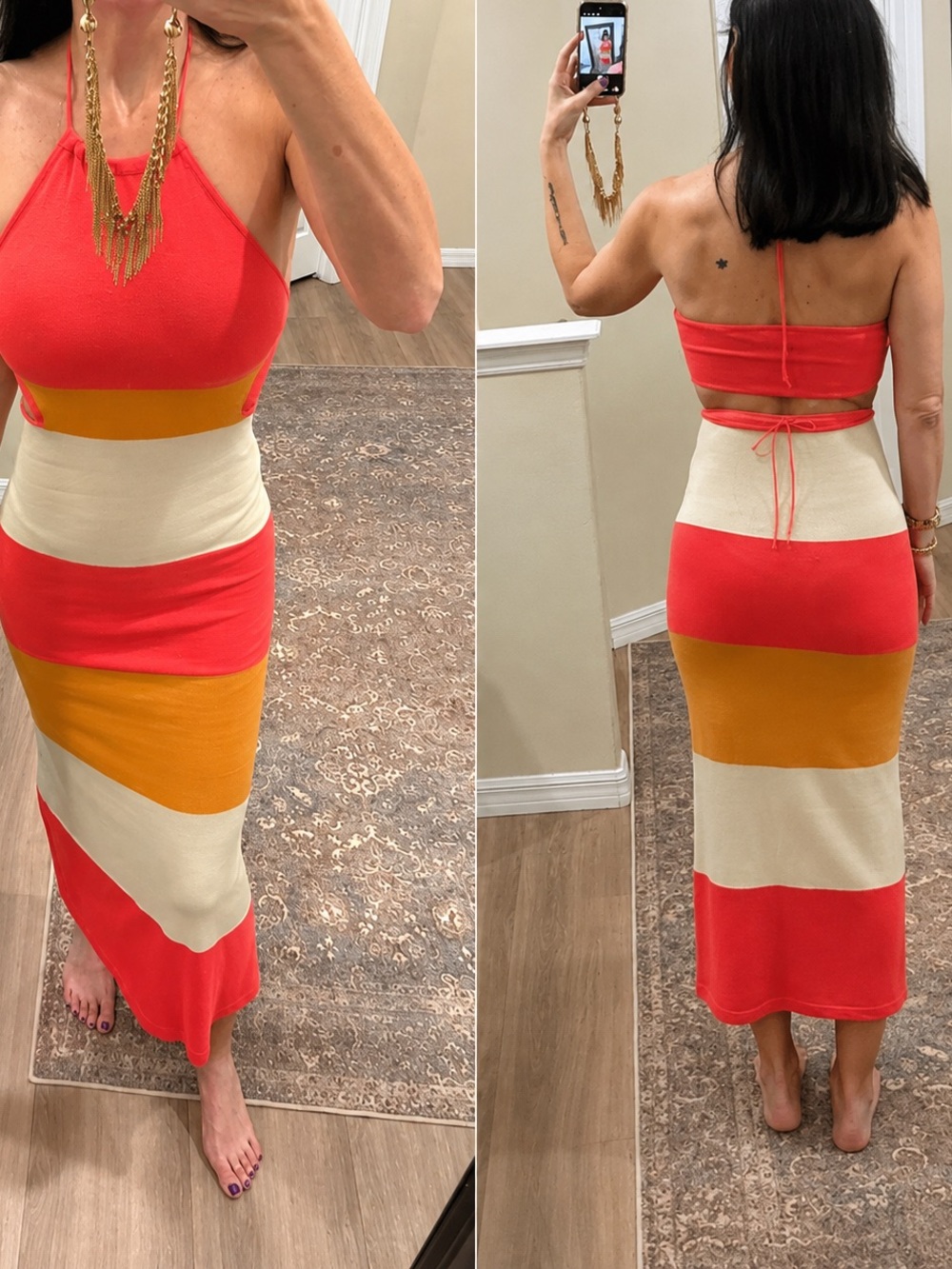 NWT Lush Halter Stripe Midi Dress in Red, Cream & Gold